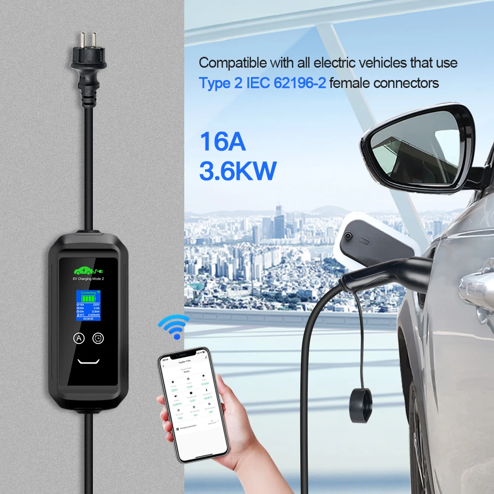 Mobile EV Charger 16A 3.6KW Type 2 IEC-62169 Standard APP Bluetooth Wifi Charging For Eletric Vehicle Hybrid Cars 5M Cable