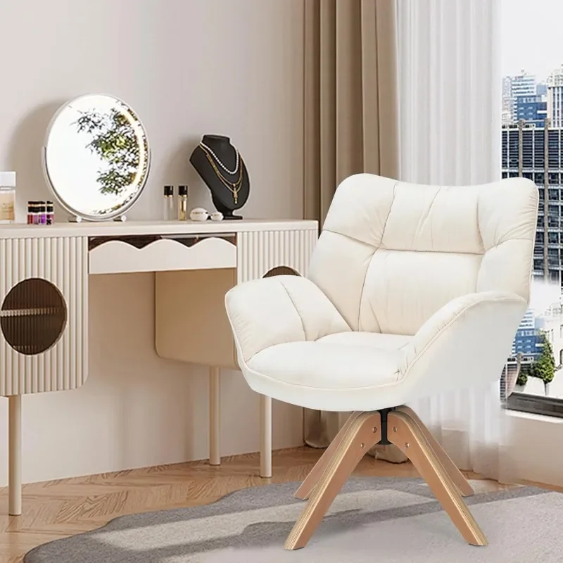 Modern Cozy Vanity Chair with Wood Legs, Upholstered Single Boucle Armchair Single Sofa for Living Room Bedroom Office