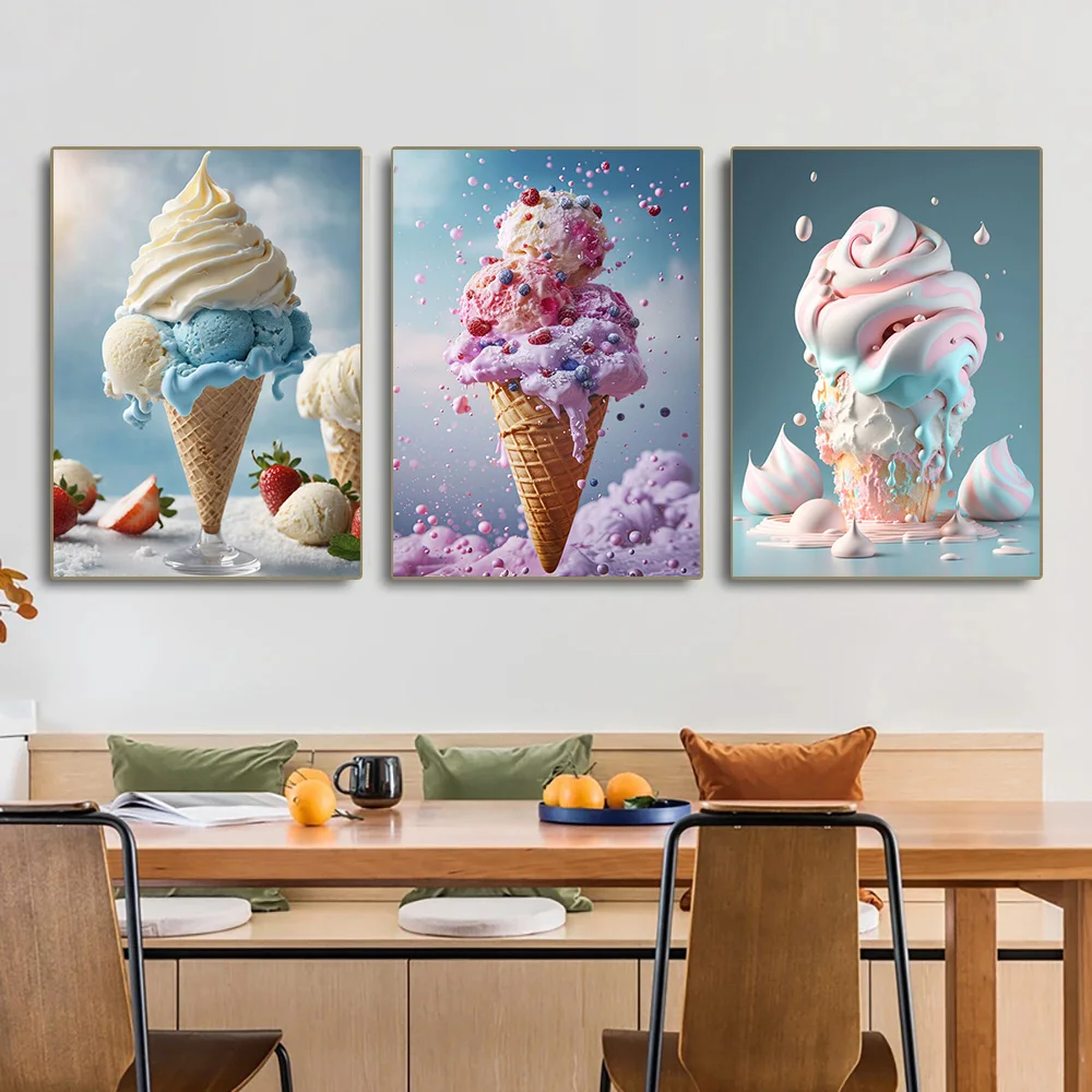 Dessert Colored Ice Cream Cone Paired Fruit Blueberry Vanilla Poster Print Wall Art Pictures Canvas Painting Room Home Decor