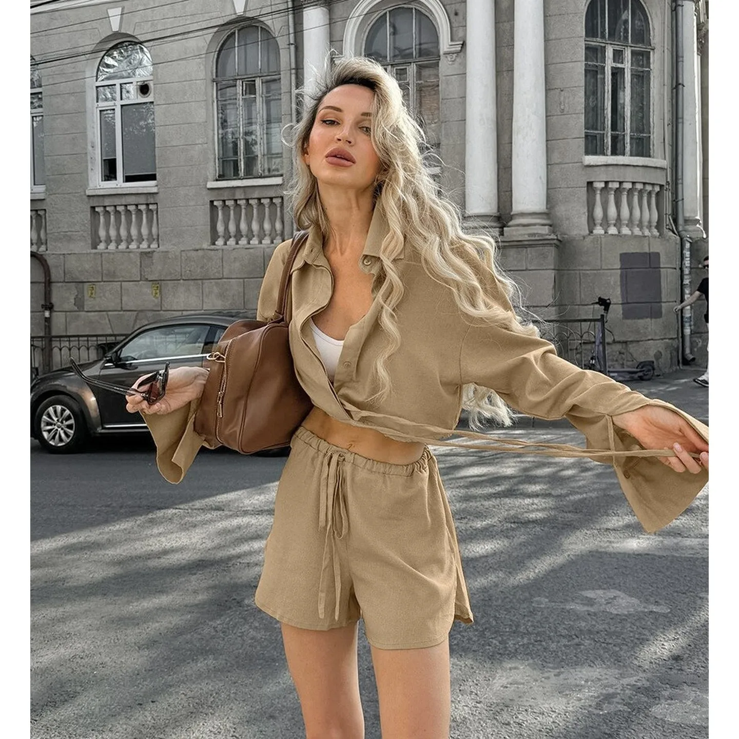 

New Cotton Linen irt orts Set High Waist Slit Design Turn-down Collar Faionable Women's Autumn Winter Outfit Combo