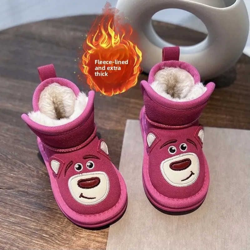 

Strawberry Bear Girls Snow Boots 2025, Plush Platform Winter Shoes for Kids Non-Slip Ankle Boots