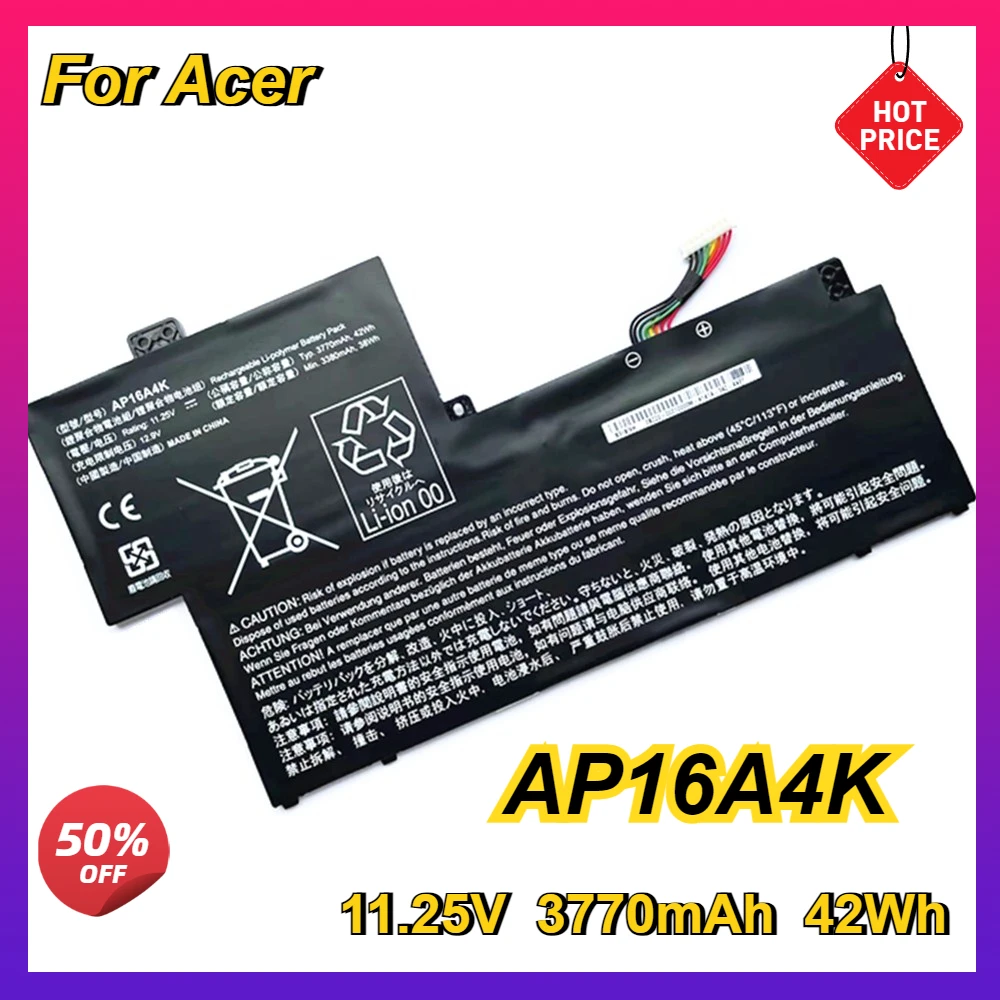 

AP16A4K Laptop Battery for Acer Swift ASPIRE 11 AO1-132 SF113-31-P865 SF11 NE132 N17P2 N16Q9 KT.00304.003 11.25V 3770mAh 42Wh