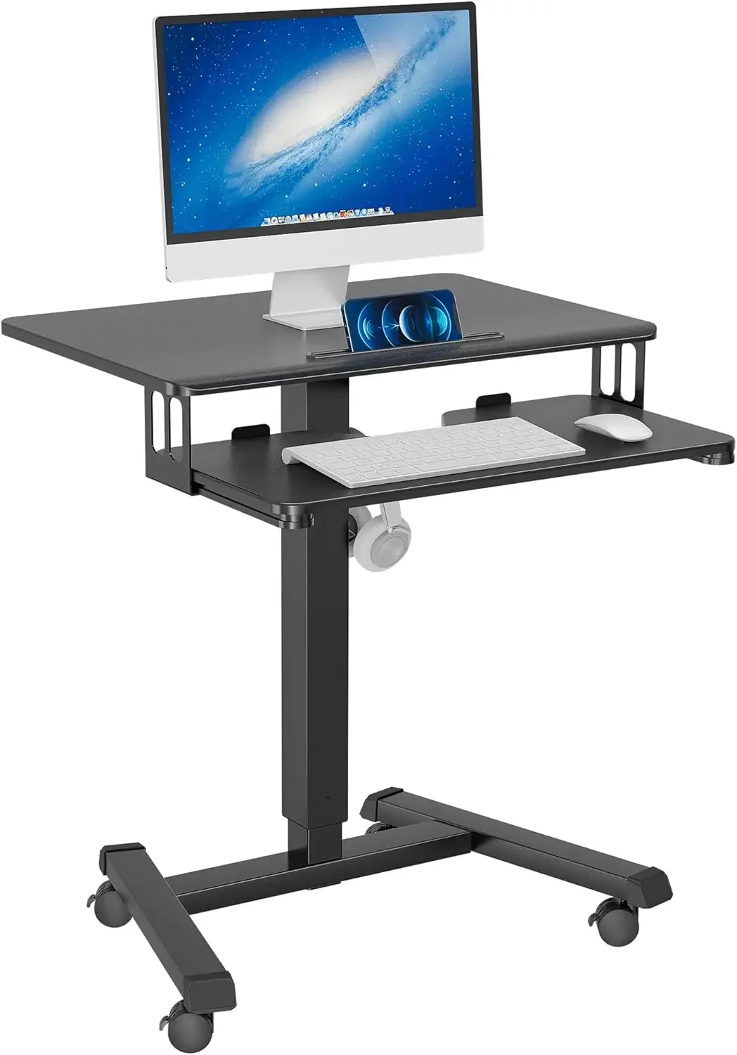 

Mobile Standing Desk with Keyboard Tray, Mobile Podium, Rolling Laptop Sit Stand Desk on Wheels, Adjustable Height Desk Up to 33