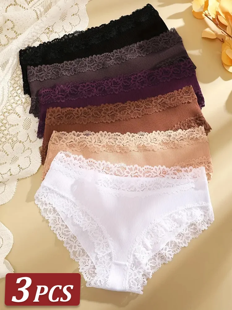 3Pcs Sexy Baumwolle Slip Spitze Frauen Niedrigen Taille Höschen Unterwäsche S-XL Einfarbig Damen Briefs Dessous Unterwäsche Frauen