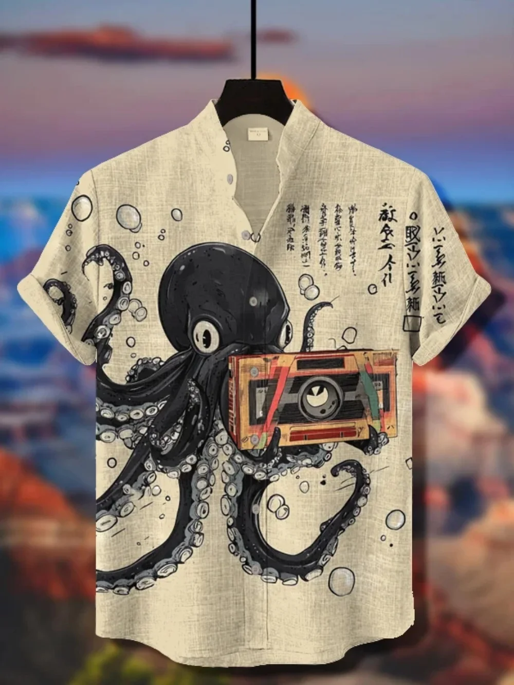 

Men's Retro Japanese Art Stand up Collar Shirt Octopus Print Short Sleeve Cardigan Street Casual Breathable Linen Top