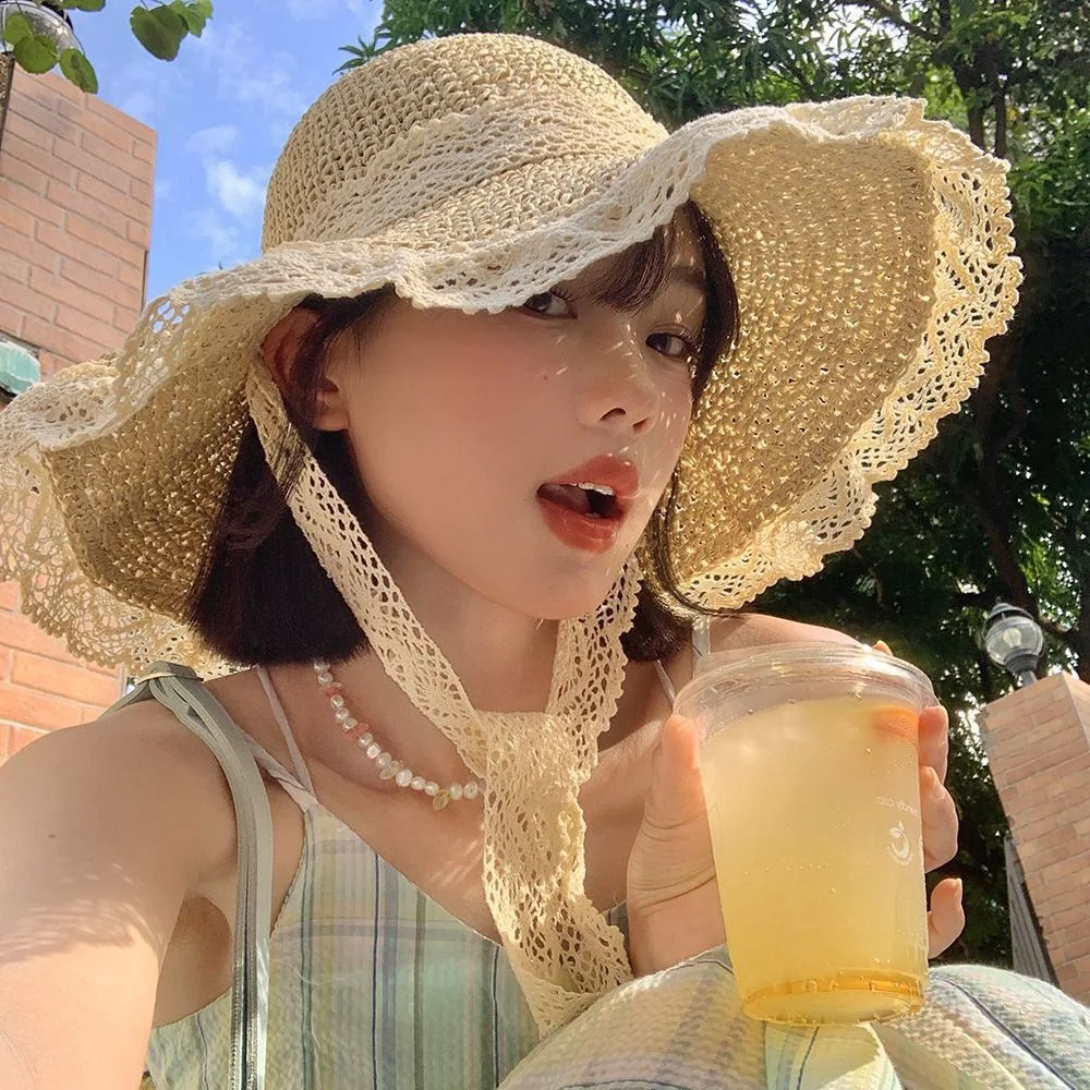 Sweet Korean Style Braided Lace Tie Straw Hat Summer Sun Protection UV Protection  Beach Hat Casual Breathable Large Bri...
