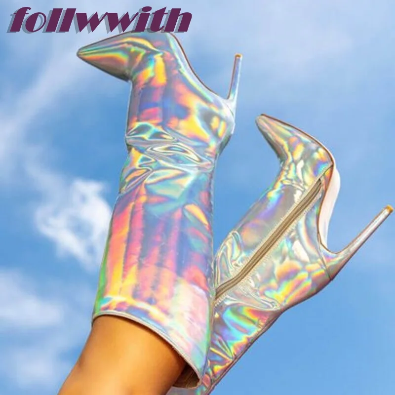 

Silver Laser Concise Solid Zipper Basic Boots Stiletto Heel Pointed Toe Knee High Modern Fashion Winter 2025 Hot SaleShoes