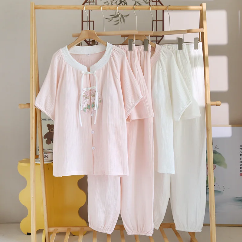 

3pcs Chinese style pajamas sets women sleepwear double gauze wrinkly cotton Short sleeved long pants shorts pyjamas