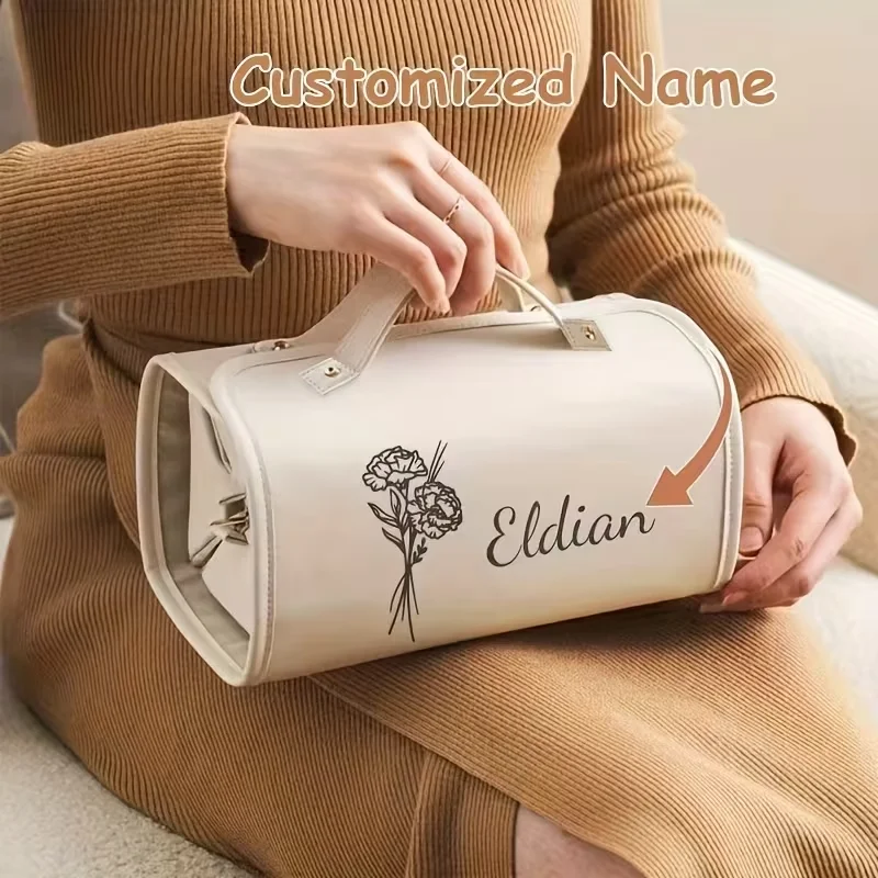 1Pc Personalized Custom Logo Text Birth Month Floral Name Date Makeup Bag—4-In-1 Foldable Travel Cosmetic Storage Bag with Divider and Handle, Suitable for Women, Mothers, and Wives—Handmade Gift