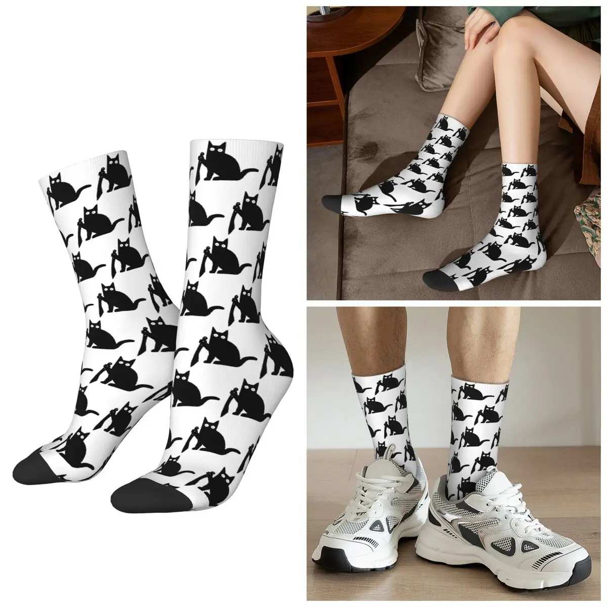 

All Seasons Black Cat Eating Fish Japanese Style Socks Harajuku Sport Middle Tube Socks Hip Hop Stockings for Men Women Gifts