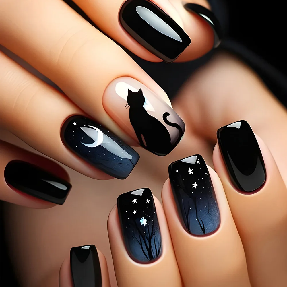 

2026 new simple ins style cartoon black cat nail art patch dark night blue starry sky gradient nail patch