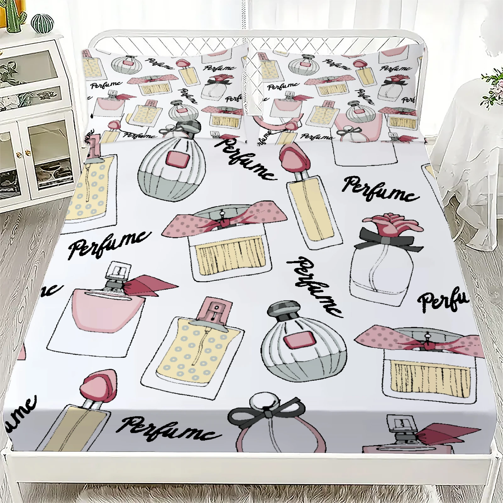 3pcs White Fitted Sheet Room Decor For Girls Cosmetics Makeup Brushes Lips Perfume Pattern Printed 100% Polyester Flat Sheet Set