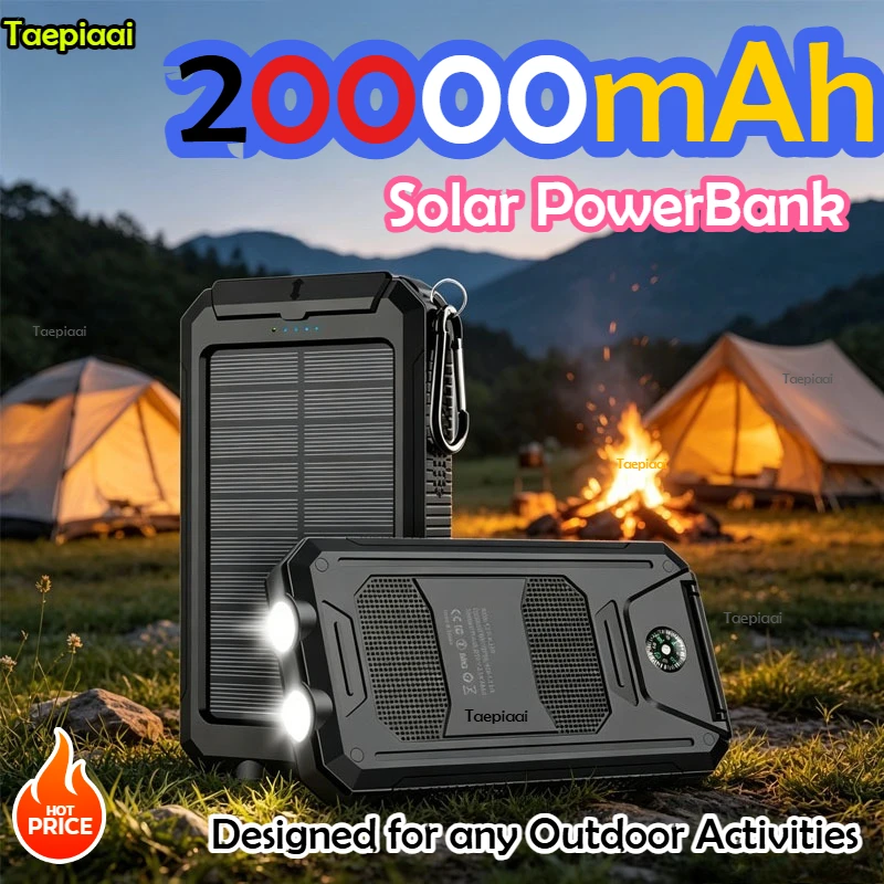 20000mAh  Solar Power Bank Portable Charging PowerBank External Battery Charger Strong Light LDE Light for All Smartphones