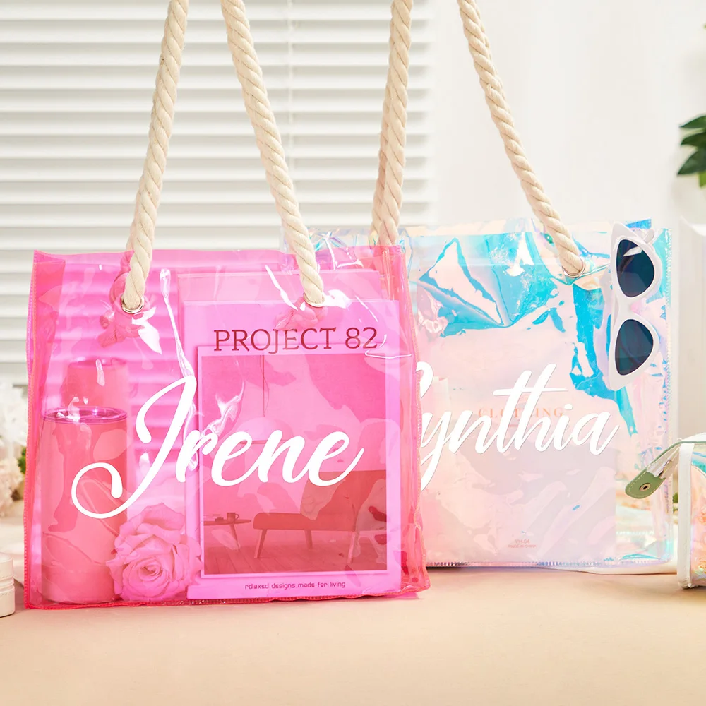 Custom Neon Transparent Tote Bag Bachelorette Party Bridal Tote Bag Girls Trip Beach Proposal Gift Large Waterproof Shopping Bag