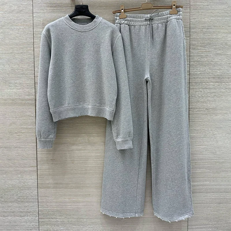 High-quality women's long top and Stretchable laces trousers set in grey, loose and casual style 25919111