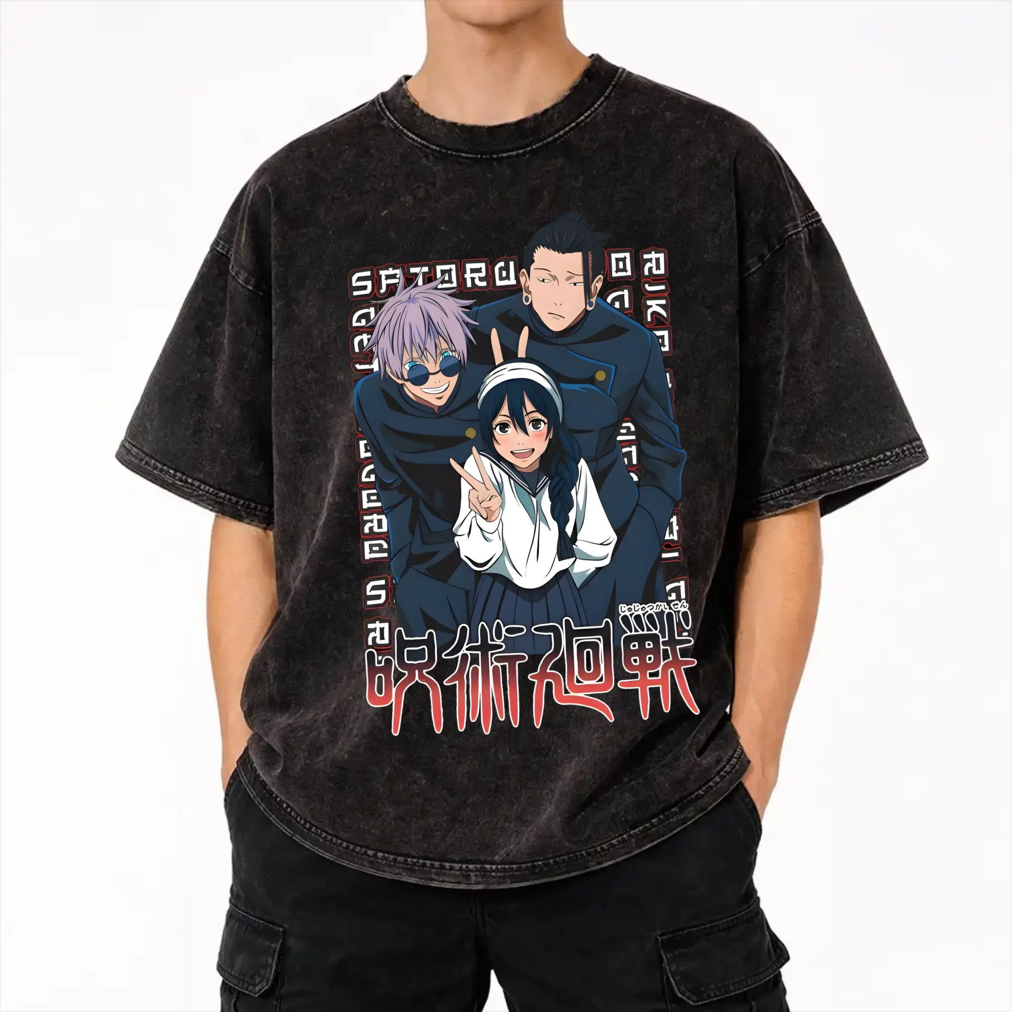 

Anime Trio Aesthetic Jujutsus Kaisens T Shirts Hip Hop Washed Cotton Harajuku T-Shirt Vintage Men Women Streetwear