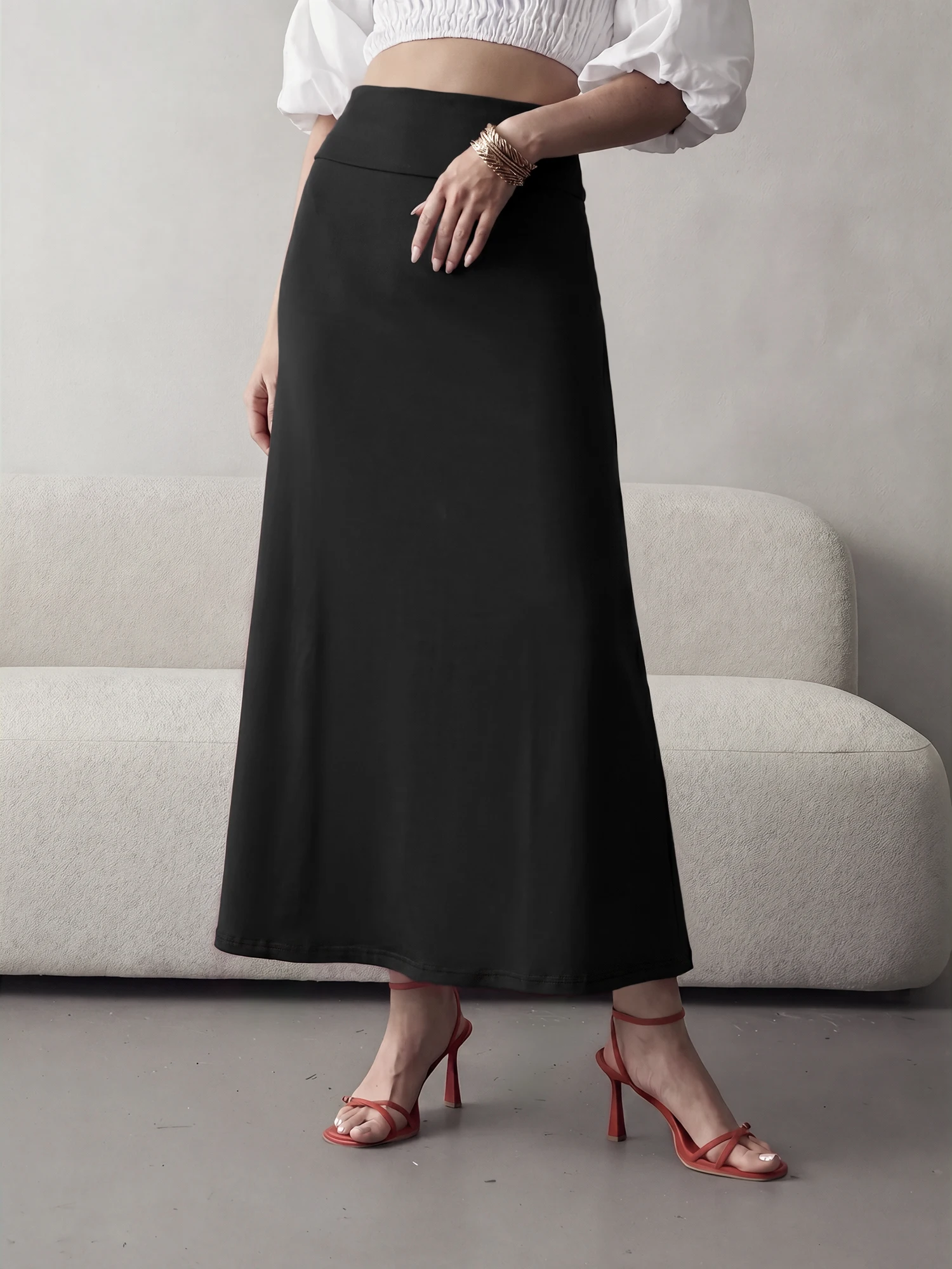 Women Solid Flowy A‑Line Long Skirt High Waist Stretch Knit Maxi Skirt Casual Commuter Party Holiday Wear Bottom