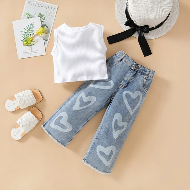 Fashion Kids Girls Clothes Suits Solid Color Ribbed Sleeveless Tank Tops Heart Print Jeans Denim Pants Grils Suit 2Pcs Set