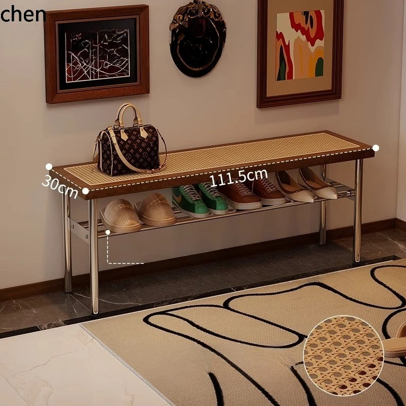 CZ medieval rattan long stool small apartment retro entrance solid wood shoe changing stool stainless steel bedside stool