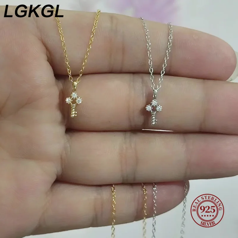 

LGKGL 100% S925 Sterling Silver Plating 14K Gold Necklace for Women Zircon Key light luxury Mini Clavicle Chain