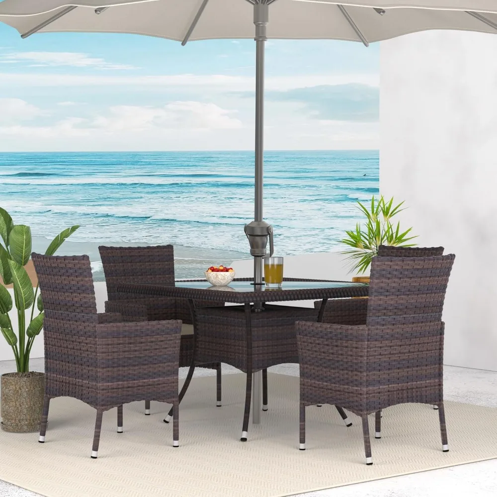 10-Piece Outdoor Dining Set,Square Tempered Glass Tabletop with Umbrella Hole and 8 Chair Set, Wicker Rattan Patio Dining Table