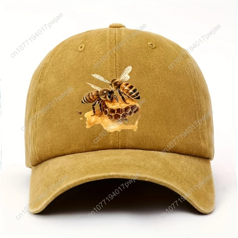 قبعة بيسبول للجنسين مكونة من قطعة واحدة مع طباعة النحل والعسل - تصميم طبيعي بني ذهبي على بوليستر أسود وخفيف الوزن لملابس الشارع