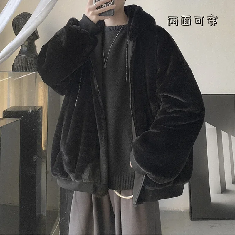 남성용 양면 양털 두꺼운 패딩 재킷, 겨울 단색 캐주얼 플리스, 따뜻한 후드 면 패딩 의류