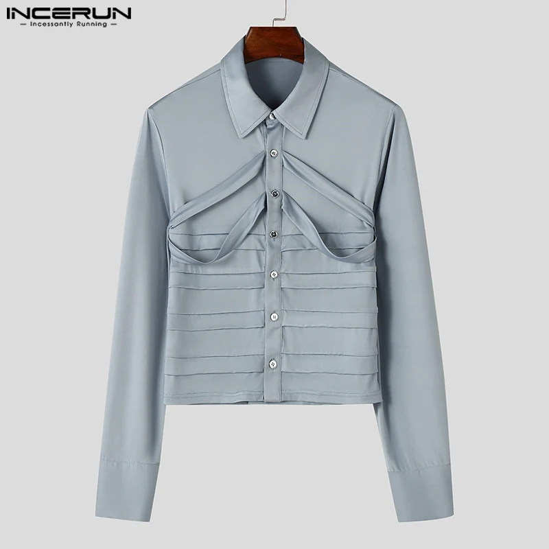 Fashion Casual Style Tops INCERUN Handsome Men\'s Deconstruction Strap Design Shirts Sexy Male Clubwear Solid Long Sleeved Blouse