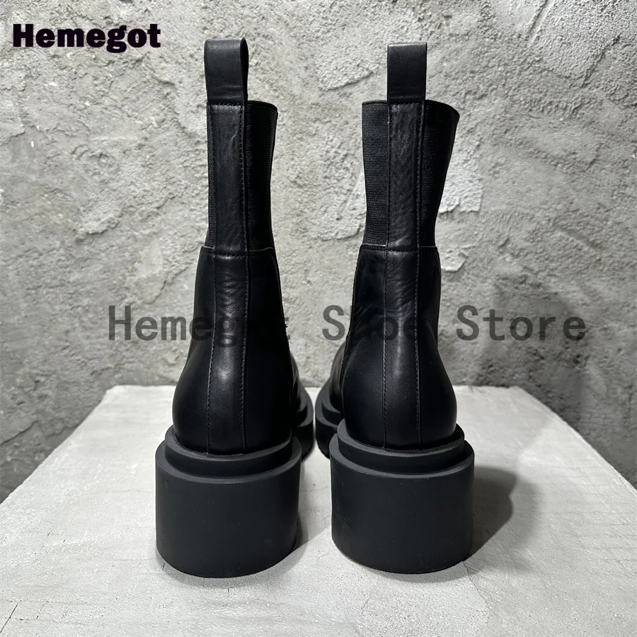 Black Leather Men\'s Boots Thick-Soled Chelsea Boots Novelty Designer High-Top Cowhide Platform Booties Luxury Handmade Men Shoes