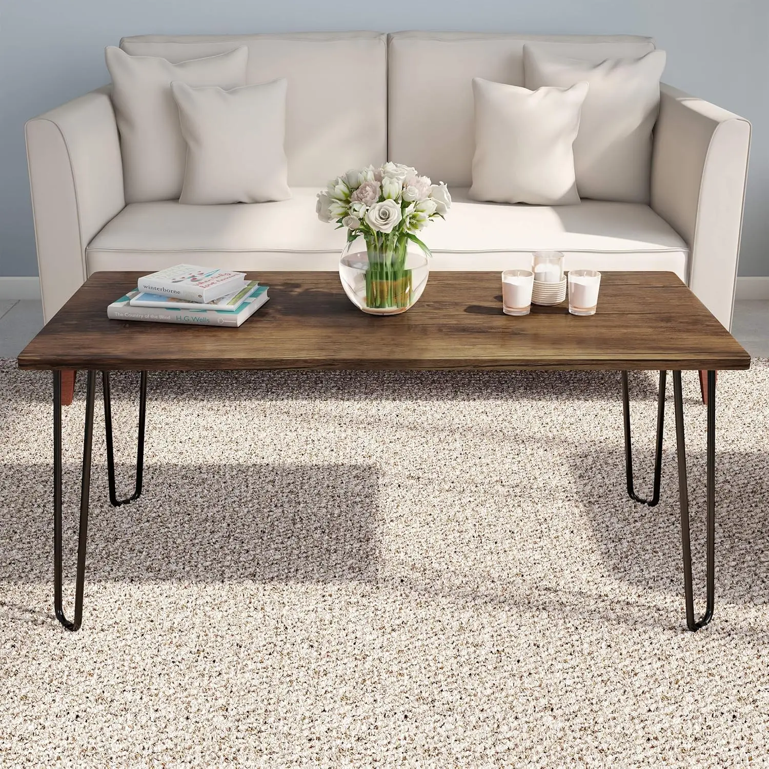 

Coffee Table with Hairpin Legs - Modern Industrial Style Decor - Woodgrain-Look and Steel Accent Living Room Furniture (Brown)