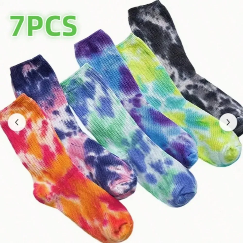 

7 Pairs Of Tie Dye Round Socks, Fashionable Mid Tube Socks, Hip-Hop Street Style Socks, Men's And Women's Socks, Spring And Summer Sports Travel Socks