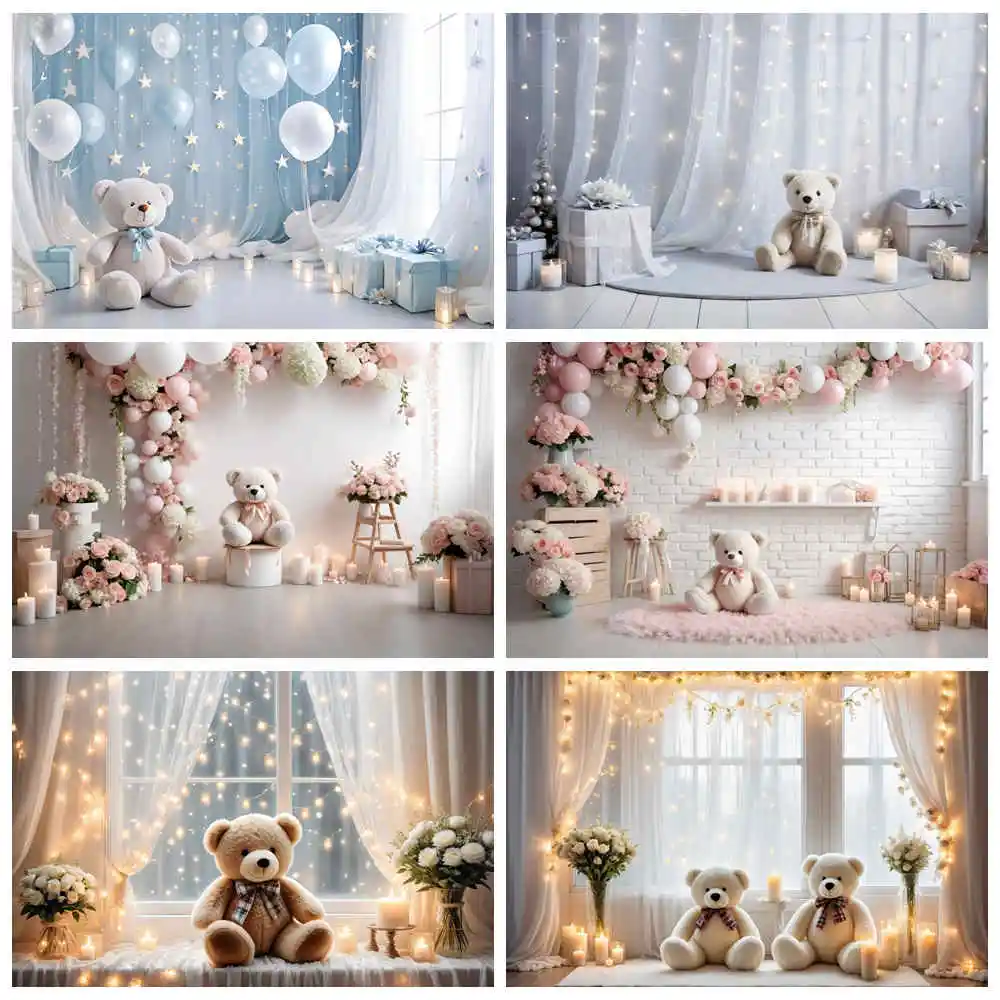 

MOON.QG Flower Indoor First Birthday Backdrop Children Teddy Bear Balloon Candle Background Custom Party Photozone Accessories