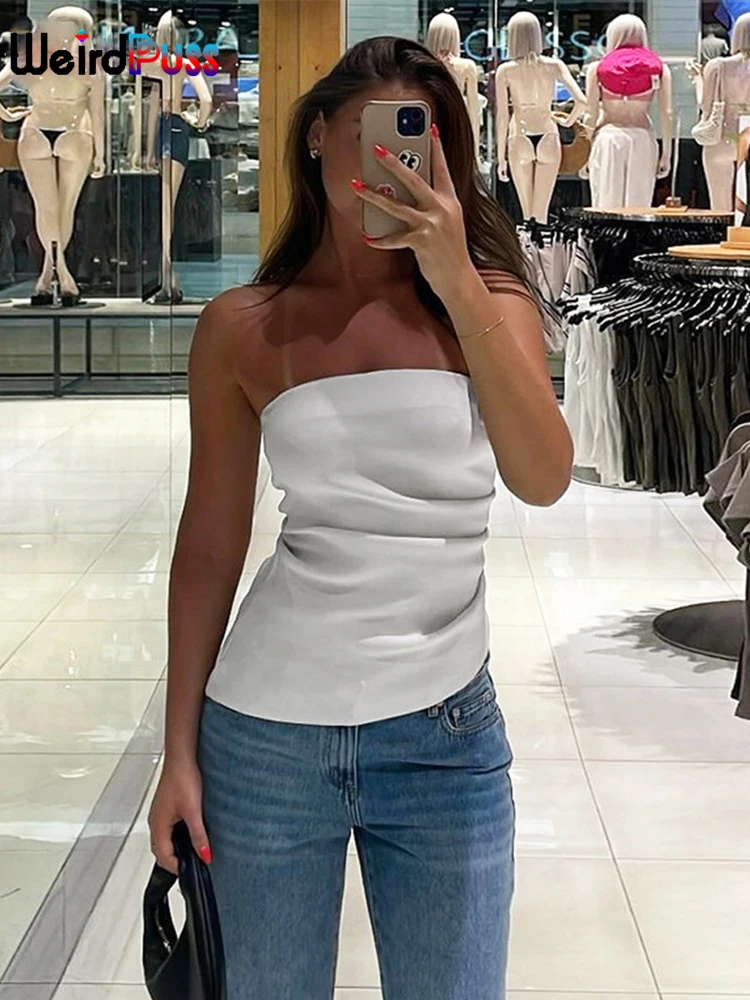 Weird Puss Irregular Strapless Top Woman Hottie Ruffles Summer Solid Sexy Casual Simple Wild  Trend Streetwear Party Skinny Vest image 3