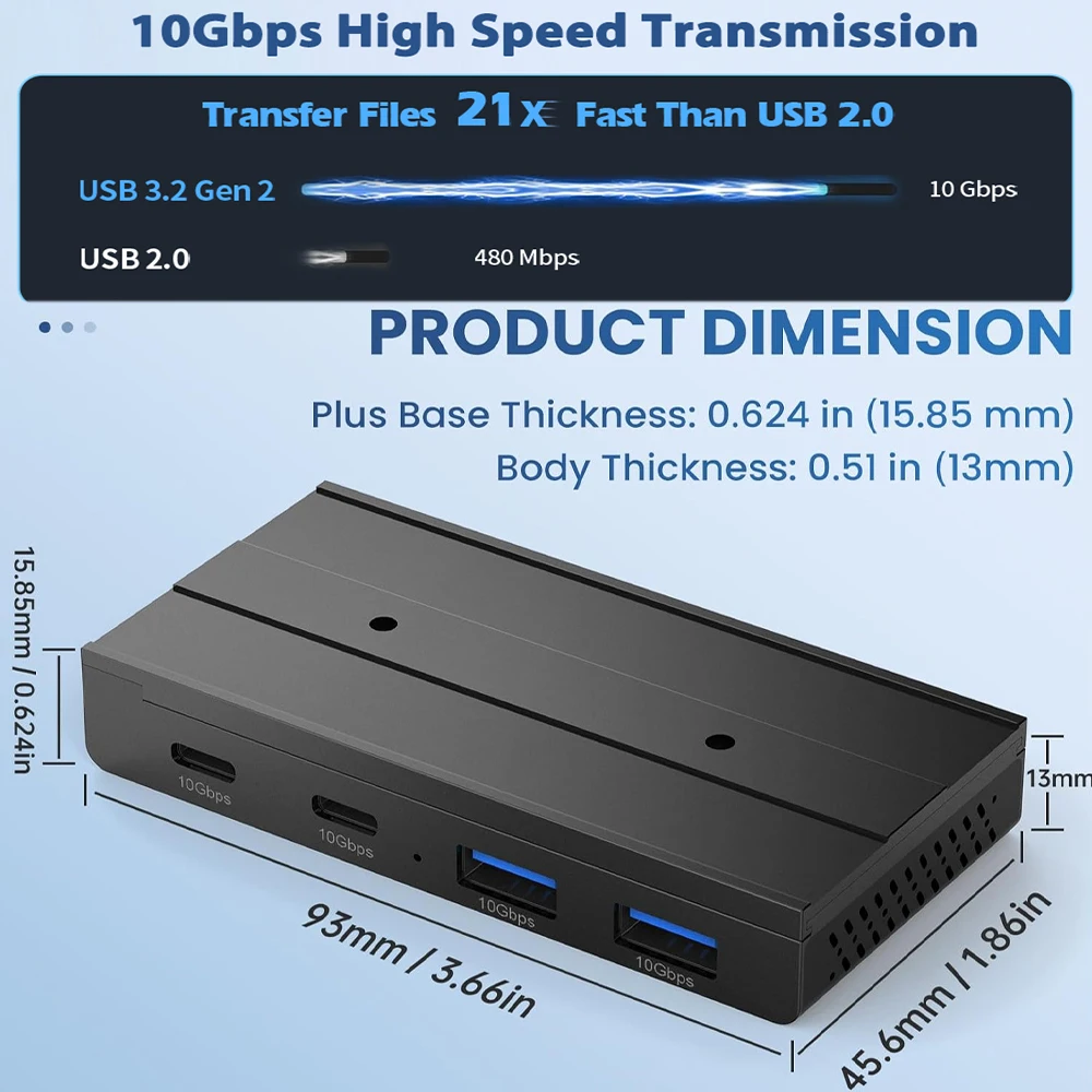 Rozdzielacz USB 3.2 Gen2 HUB 10 Gb/s na biurko, magnetyczny, szybki transfer danych do MacBook Pro, iMac Pro, PC, laptopów, akcesoria