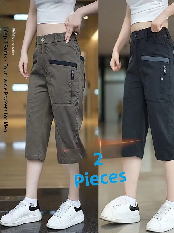 Calças de Trabalho Casuais em Seda Gelada com Quatro Bolsos para Homens, Confortáveis, Soltas, com Pernas Retas, Calças Curta...