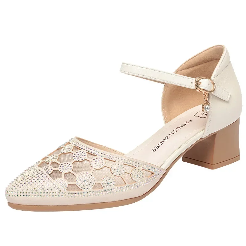 4.5cm Breathable Close Head Rhinestone Mesh Leather Shoes Summer 2026 Med Block Heels Sandals Women for Office Mom Dance