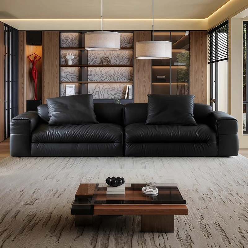 Leather Sofa Italian Minimalist Style Contact Surface Genuine Leather Armchair Straight Sofa Birch Frame Vintage Style Soft Sofa