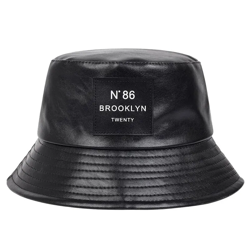 Unisex N86 Label Personality Pu Leather Bucket Hats Fishermen Caps Outdoor Casual Cap Sunscreen Hat