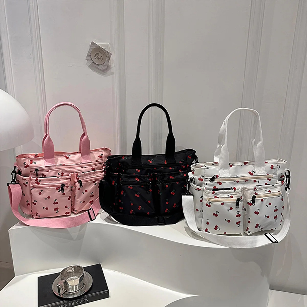

Fashion Cherry Print Tote Bag Multi-Pocket Large Capacity Zipper Adjustable Strap Easy Organize Crossbody Bag for Commute
