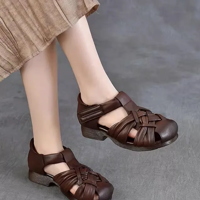 

Retro Handwoven Leather Sandals Women's Breathable Slip-On Shoes Flat Heel Rubber Sole Comfortable Casual Sandals