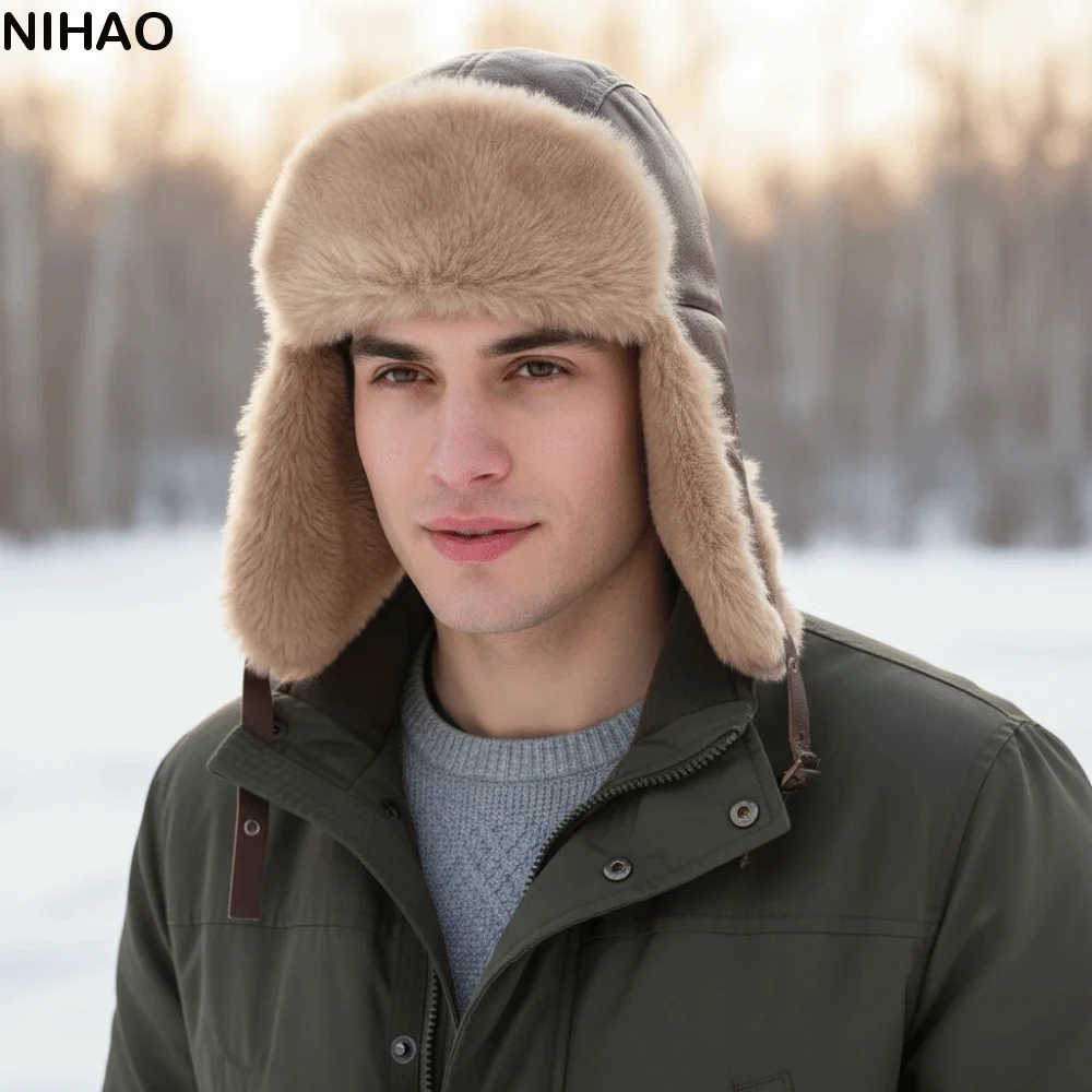 

Casual Pu Leather Winter Pilot Hat Windproof Beanie Caps Warm Ski Hat Ear Protection Hat Cold Proof Cycling Lei Feng Hat Skiing