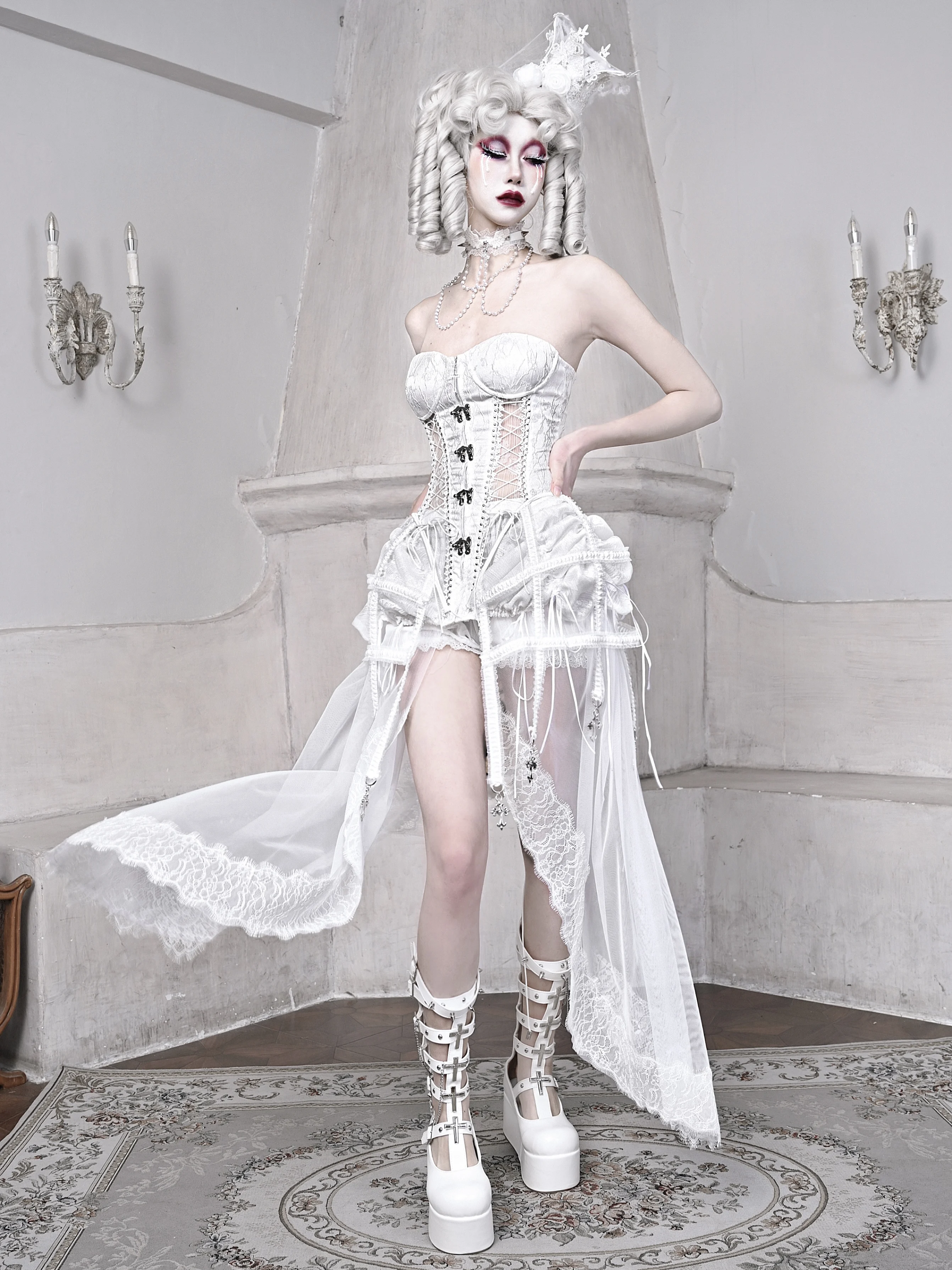 Halloween Gothic Cos Fishbone Top Shorts Mesh Pendulum 3 Piece Sets Girl's Sweet Cool Slim Elegant Heavy Industry Outfits Women