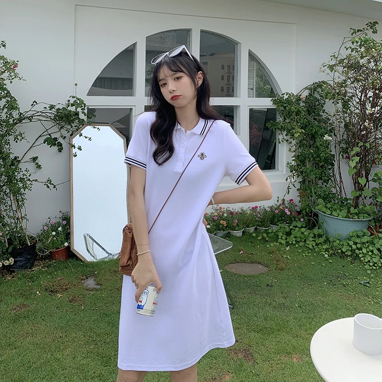 فستان ميدي مضاد للشيخوخة بياقة بولو وأكمام قصيرة مطرز ونحيف على الطراز الكوري من القطن للعمل صيفي عصري #1