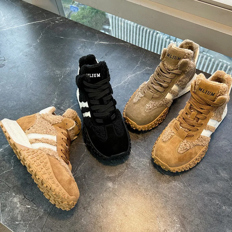 CICIYANG Women High-top German Training Shoes 2024 Winter New Fluff Casual Forrest Gump Boots Genuine Leather Ladies Sneakers