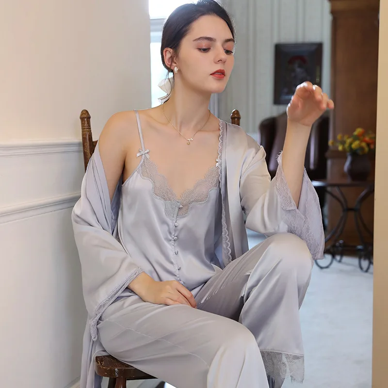 

2024 French thin suspenders pajamas women's three-piece spring and fall gentle romantic cardigan loose ice silk suit homewear