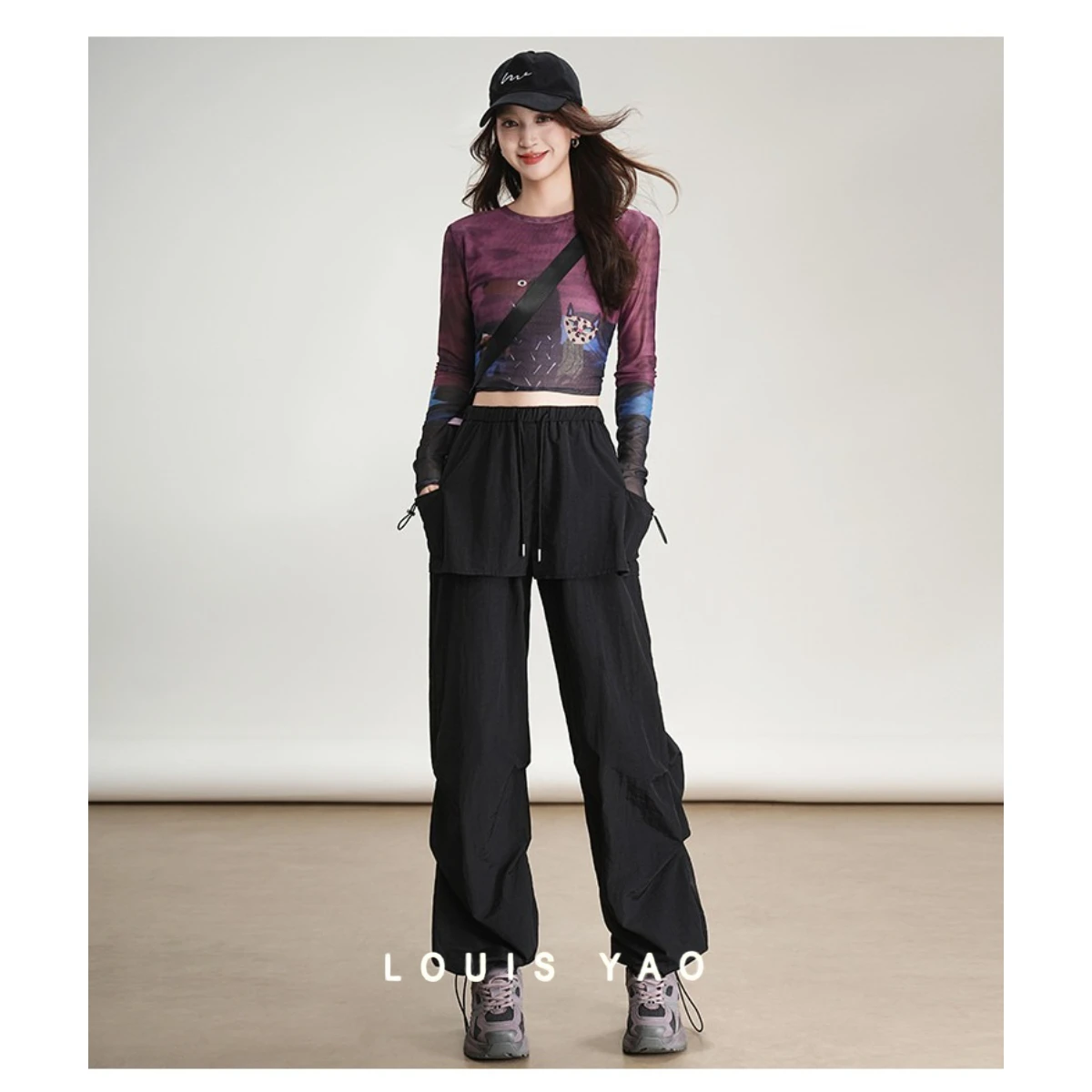 

LOUIS YAO Casual Women's Pants 2025 Autumn Fake Two-Piece Drawstring Workwear Pants Cool Style Casual Pockets Women's Trousers