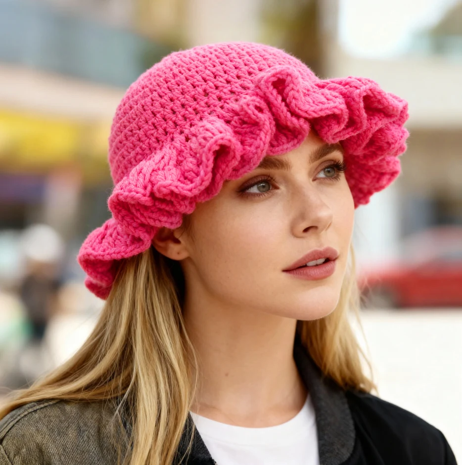 قبعة دلو منفوشة بلون سادة للنساء، قبعة متماسكة مكشكشة، كروشيه مصنوع يدويًا مجوفًا، قبعة صياد من الدانتيل، قبعة متماسكة بلون سادة مناسبة للخريف والشتاء #6