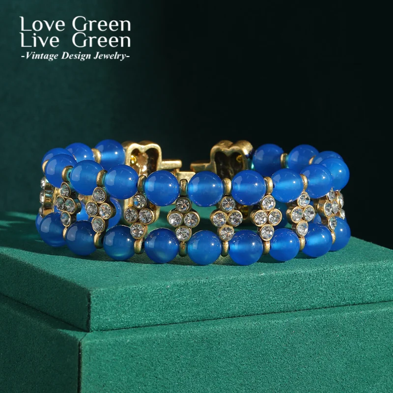 

Vintage Layered Sea Blue Agate Beaded Bracelet For Women Crystal Weave Gold Color Luxury Jewelry Designers Summer Accessories