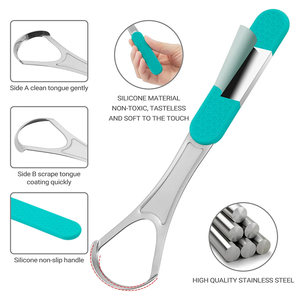 1pcs Stainless Steel Tongue Scrapers with Silicone Handle Dental Tongue Scraper Oral Care Cleaning Tool