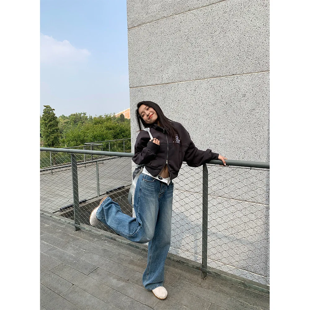 Denim pantalon droit femmes jambe large jean taille basse poches lavées 2025 Streetwear en détresse Vintage pantalon longueur de plancher